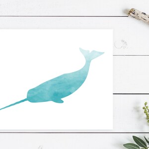 Blue Watercolor Narwhal Printable - Blue Narwhal Print, Instant Download, Print at Home, Wall Art, Office Art, Sea Animal, Nursery Wall Art