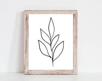 Botanical Leaf Printable, Minimalist Print, Black & White Printable, Modern Farmhouse Decor, Instant Download Wall Art, Plant Illustration