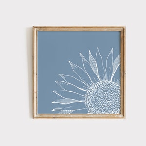 Blue Sunflower Printable, Floral Minimalist Print, Flower Printable, White Sunflower Wall Art, Floral Home Decor, Botanical Wall Art,