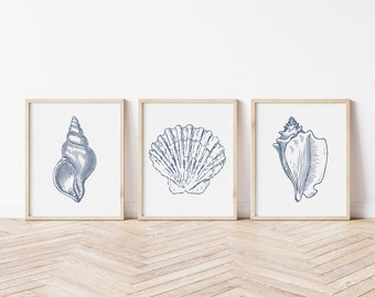 Zeeschelpen printables, set van 3 prints, blauwe schelpenprint, blauwe nautische muurkunst, kusthuisdecor, strandmuurkunst, zomermuurdecor