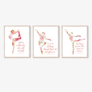Floral Ballet Dancer Printable Set, Ballet Prints, Scripture Prints, Pink Floral, Set of 3, Ballet Slippers, Dancers Print, Girls Room Decor