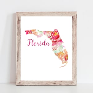 Floral Florida Printable - State Printable, Instant Download, Home Decor, Wall Art, Pink Floral Print, Gift for Her, Florida Girl, Girly