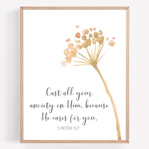Cast All your Anxiety Printable, 1 Peter 5:7 Print, Bible Verse Printable, Dandelion Religious Wall Art, Catholic Printable, Christian Print