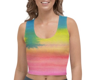 Tie Dye Crop Top Tank, Bright/Colorful/Vibrant/Fitted/Sleeveless Cropped Watercolor Art Shirt for Women, Colorful Spring Clothing 2024