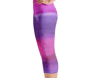 Purple Workout Capri Leggings, High Waisted Yoga Pants, Womens Activewear, Fuchsia Capris, Ombre Gym Leggings, Sweatwicking Squat Proof