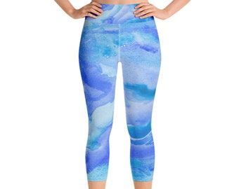 Blue Watercolor Capri Leggings for Women, High Waisted Workout Pants, Tie Dye Splash Gym Leggings, Unique Yoga Clothes, Summer Clothing 2023