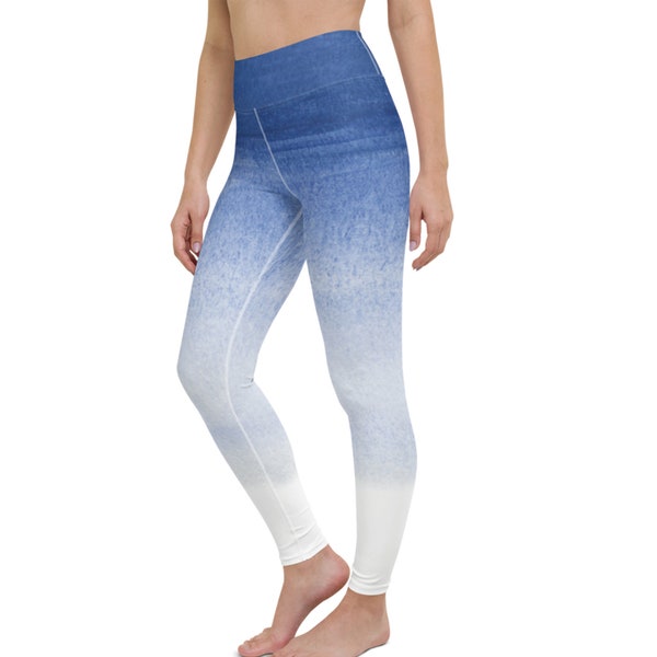 Ombre Blue Leggings for Women, High Waisted Workout Leggings, Dark Blue Gradient Yoga Pants, Dip Dye Workout Clothes, Spring Activewear 2023