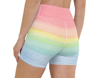 Pastel Rainbow Shorts for Women, High Waisted Short Leggings, Rainbow Workout Spandex Shorts, Colorful Yoga Shorts, Cute Summer Clothes 2023