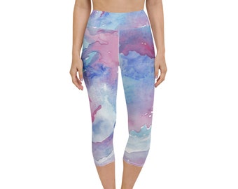 Painted Capri Gym Leggings for Women, Workout Leggings Quick Dry, Printed Yoga Capris, Spandex Workout Pants, Galaxy Watercolor Capris Women