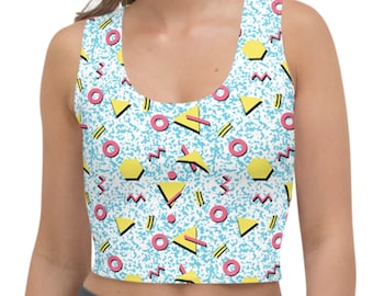 Blue 80s Crop Top for Women, Printed Crop Tank, 80s Shirt Cropped, Retro Crop Tops Women, 80s Clothes, Print Crop Tops, Summer Party Clothes