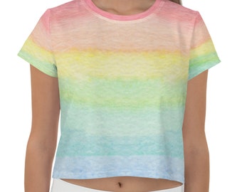 Flowy Cropped Tee, Rainbow Pastel Crop Top, Trendy Tops, Cute Colorful Rainbow Cropped Shirt, Ombre Rainbow Clothing Women, Summer Clothes