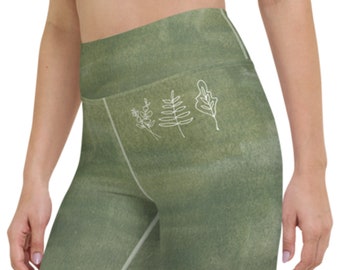 Nature Leggings for Women, High Waisted Green Yoga Pants, Unique Workout Leggings With Designs, Nature/Plant/Botanical Summer Clothing 2023