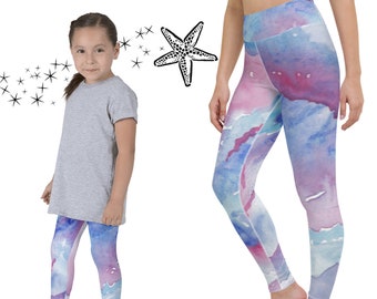 Galaxy Mommy and Me Leggings, Purple & Blue Watercolor Pants, Mother Daughter Matching Outfits, Mom and Baby Girl Clothes for Spring 2023