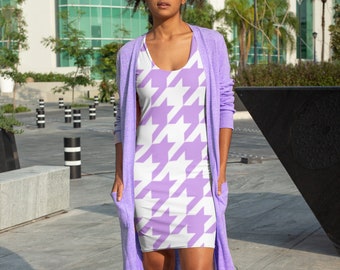 Purple Houndstooth Dress for Women, Purple Colored Dresses, Houndstooth Clothing, Colorful Mini Bodycon Dresses, Trendy Spring Clothes 2023