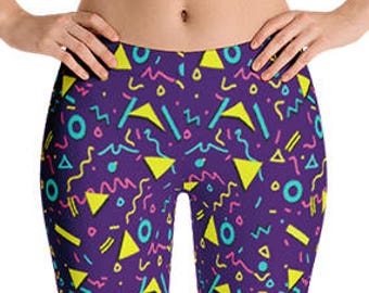 Purple 90s Workout Leggings for Women, Printed 90s Clothes, Memphis Geometric / Shapes 90s Pattern Leggings, 90s Theme Pants, 90s Lover Gift
