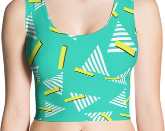 90s Crop Top Printed With Triangles, Memphis, Geometric, Vaporwave Aesthetic, 90s Clothing Women, Workout Crop Top, 80s Womens Party Clothes