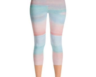 Capri Yoga Pants - Pink Blue, Workout Leggings, Capri Gym Pants, Hot Yoga Pants Tight, Kawaii, Cotton Candy, Tights, Pastel Clothing