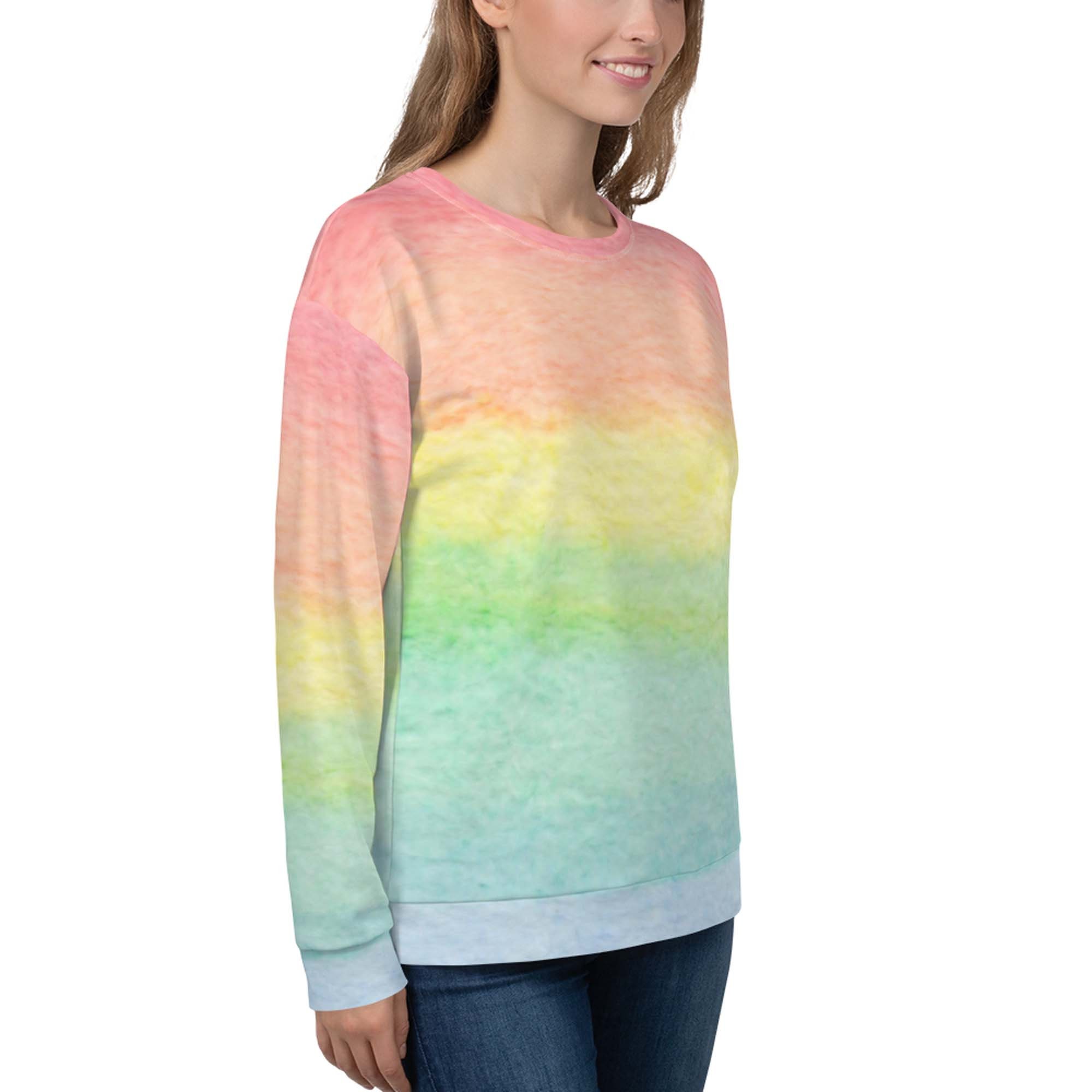 Pastel Rainbow Sweater for Women, Rainbow Ombre Crewneck Sweatshirt Oversized, Gradient Rainbow Striped Pullover, Womens Clothing Kawaii