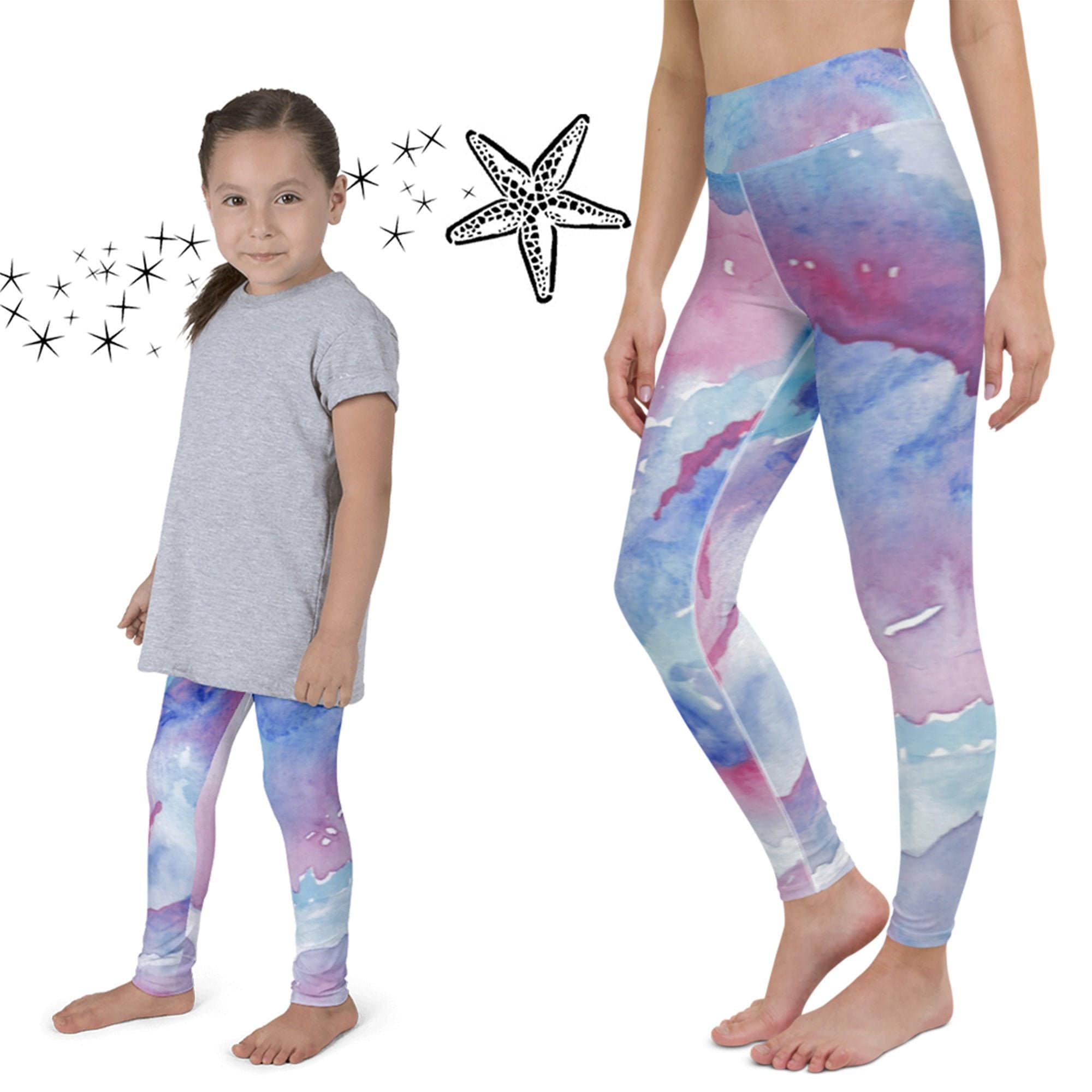 Galaxy Mommy and Me Leggings, Purple & Blue Watercolor Pants