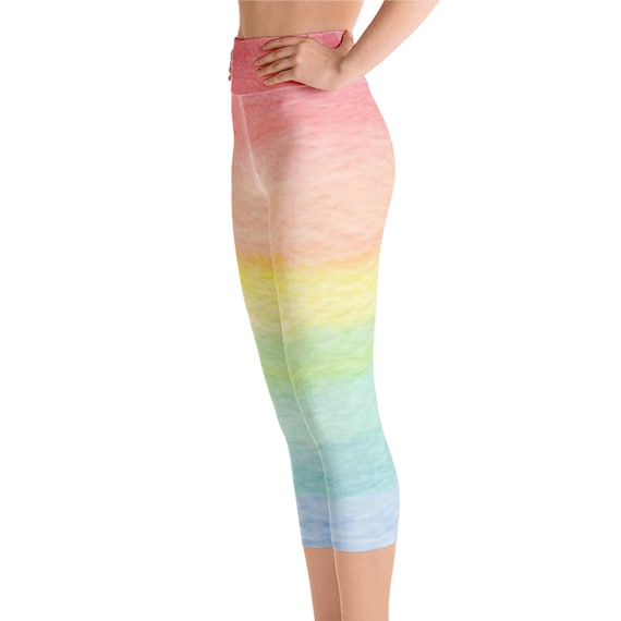 Capri Workout Leggings, Pastel Rainbow Yoga Capris, Gym Pants for