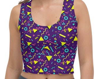 Purple 90s Crop Top for Women, Belly Shirt, 90s Clothing, Memphis Pattern Printed Tank Cropped, 90s Nostalgia Summer Clothes for Women 2023