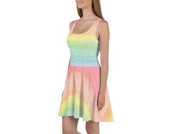 Pastel Rainbow Skater Dress for Women, Midi Casual A-Line Dresses, Rainbow Summer Clothing, Colorful/Cute/Lightweight Fit and Flare Dresses