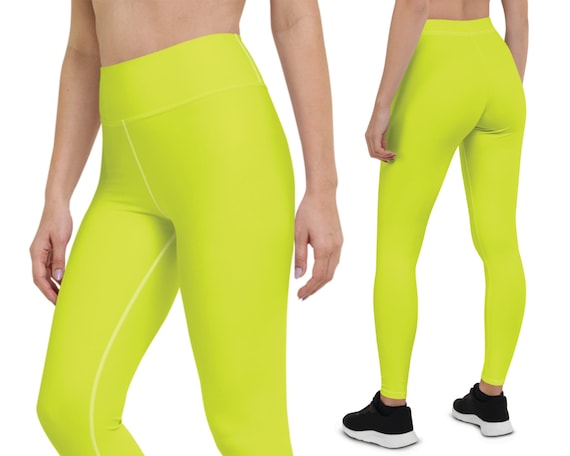 Neon Yellow Leggings for Women, High Waisted or Mid Rise, Neon Workout Pants,  High-visibility Running Leggings, Solid Neon Workout Clothes 
