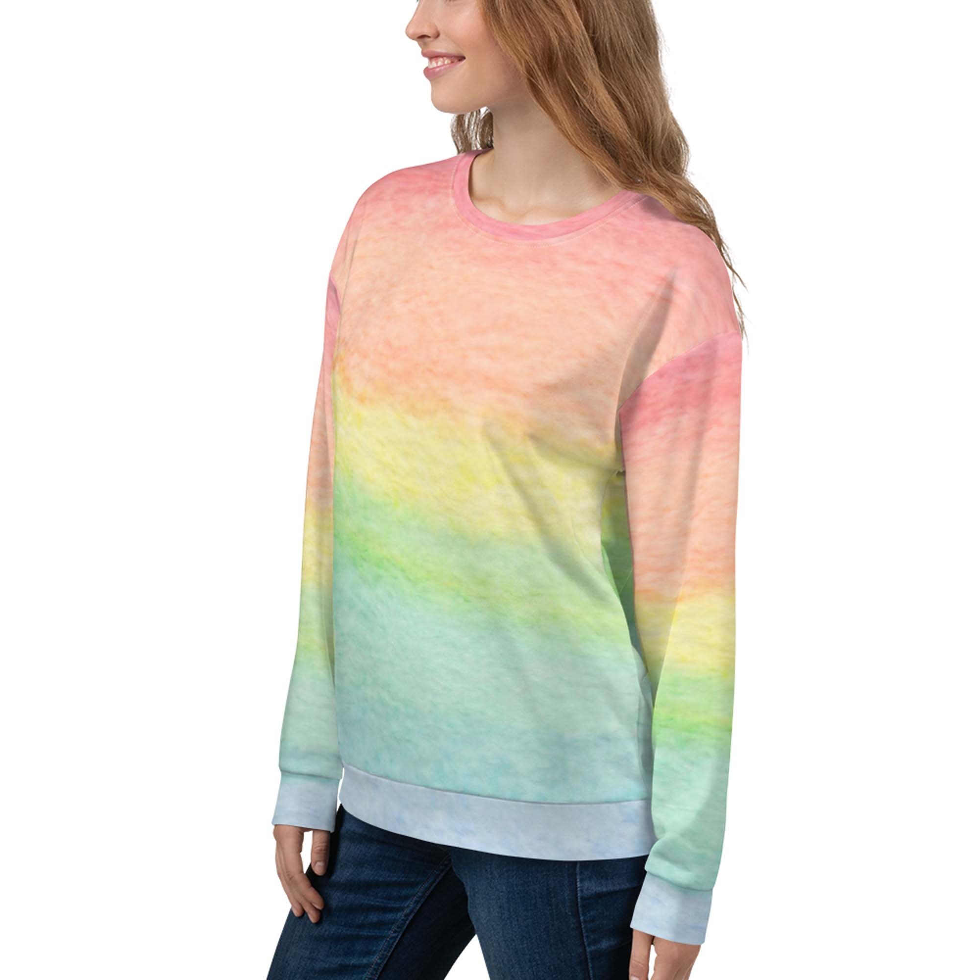 Pastel Rainbow Sweater for Women, Rainbow Ombre Crewneck Sweatshirt Oversized, Gradient Rainbow Striped Pullover, Womens Clothing Kawaii