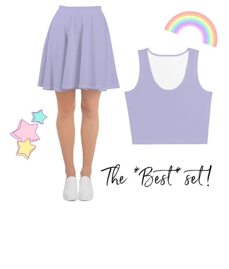 Pastel Purple Crop Top and Skirt Set, Matching Two-Piece Dress, Midi Skirt and Crop Top Set, Kawaii Purple Clothing for Women, Summer 2023 image 1