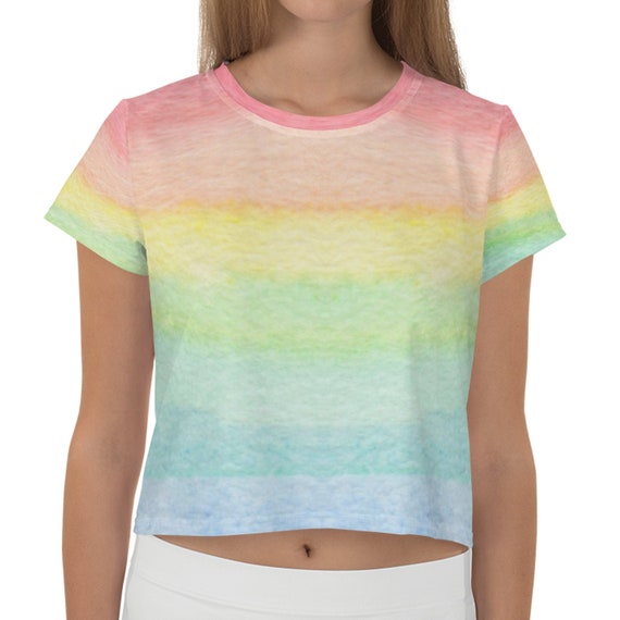 Flowy Cropped Tee, Rainbow Pastel Crop Top, Trendy Tops, Cute