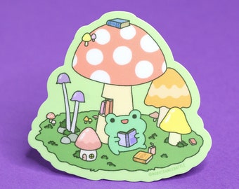 Reading Frog Sticker, Mushroom Frog Sticker, Cute Frog Sticker, Kawaii Frog Sticker, Frog Vinyl Sticker, Frog Laptop Sticker, Frog Lovers