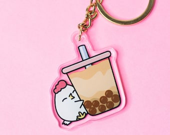 Porte-clés Boba de poulet, porte-clés de poulet mignon, porte-clés Kawaii, charmes acryliques, porte-clés acrylique mignon, porte-clés de dessin animé, porte-clés Boba