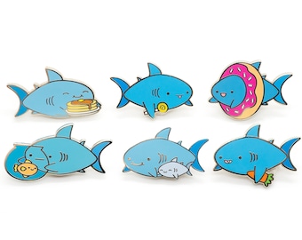 Enamel Pin - Shark Friends - Pancake Shark, Donut Shark, Candy Shark, Baby Shark, Carrot Shark, and Goldfish Shark