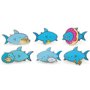 Enamel Pin - Shark Friends - Pancake Shark, Donut Shark, Candy Shark, Baby Shark, Carrot Shark, and Goldfish Shark