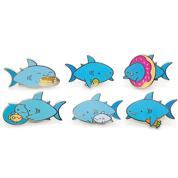 Enamel Pin - Shark Friends - Pancake Shark, Donut Shark, Candy Shark, Baby Shark, Carrot Shark, and Goldfish Shark