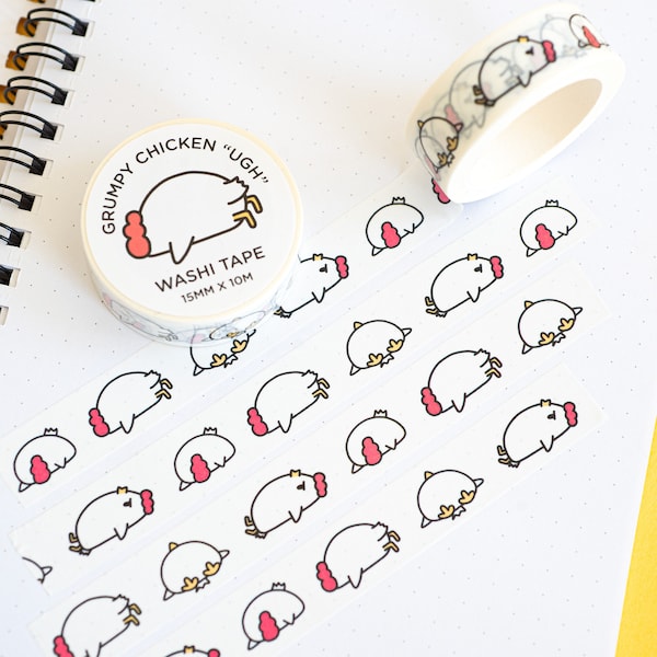 Grumpy Chicken "UGH" Washi Tape | White Washi Tape | Chicken Journaling Tape | Mood Washi Tape | Cartoon Washi Tape | Animal Washi Tape