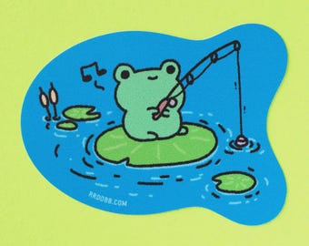 Fishing Frog Sticker, frog laptop stickers, cute frog stickers, frog sticker pack, kawaii frog stickers, fishing lover sticker