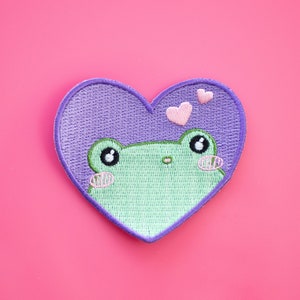 Heart Frog Embroidered Iron On Patch, Heart Frog Shirt Patch, Frog Applique, Frog Embroidery Emblem, Girl’s Jacket Patches