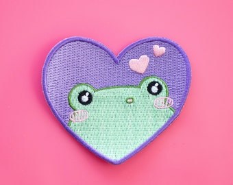 Heart Frog Embroidered Iron On Patch, Heart Frog Shirt Patch, Frog Applique, Frog Embroidery Emblem, Girl’s Jacket Patches