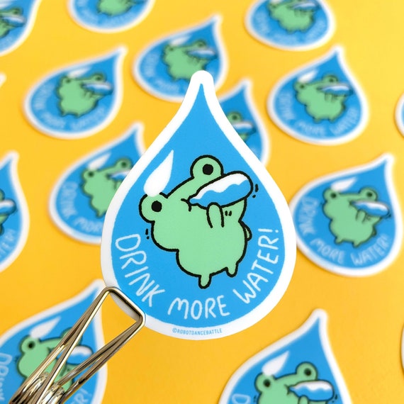 Drink more water frog sticker, frog laptop stickers, cute frog stickers, frog sticker pack, kawaii stickers, Water bottle stickers