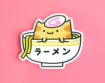 Ramen Cat Sticker | Cute Sticker Gift | Vinyl Cat Decal | Funny Cat Sticker | Kawaii Stickers | Cat Laptop Decal | Cat Food Sticker