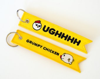 Grumpy Chicken Embroidered Keychain: Kawaii Yellow Jet Tag
