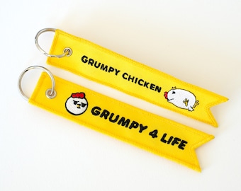 Embroidered Grumpy Chicken Jet Tag: Yellow Chicken Keychain