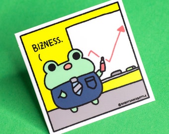 Durable waterproof vinyl sticker featuring Bizness Frog