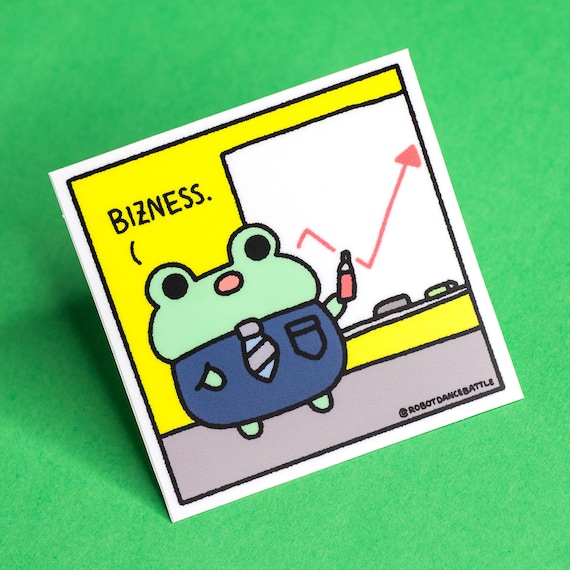 Durable waterproof vinyl sticker featuring Bizness Frog