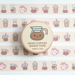Cinta adhesiva decorativa con diseño de gatos de café para diarios y álbumes de recortes, con ilustraciones originales de los personajes.