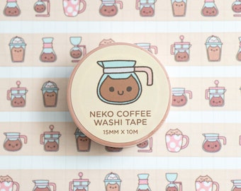 Super cute coffee cat washi tape | Original illustration stationery tape | Kawaii journaling supplies with cat designs