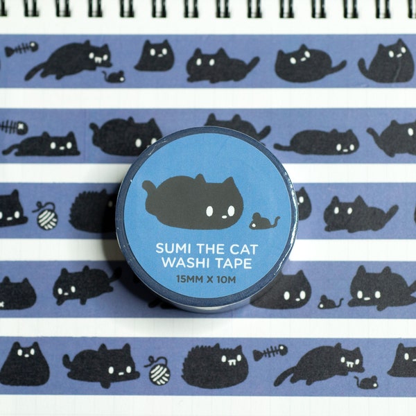 Kawaii Cat Washi Tape | Black Cat Washi | Scrapbooking Tape | Washi Gift | Cute Cat Tape | Planner Tape | Decorative Washi | Aesthetic Washi