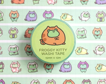 Froggy Kitty Washi Tape, Frog Washi Tape, Kawaii Washi Tape, Cute Washi Tape, Frog Stationery, Frog Wrapping Tape, Washi Tape Frog, Froggy