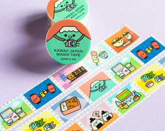 May include: A roll of washi tape with a repeating pattern of colorful illustrations of Japanese food, landmarks, and cultural icons. The tape is 25mm wide and 5 meters long. The tape is packaged in a clear plastic container with a label that reads "Kawaii Japan Washi Tape 25mm x 5m".